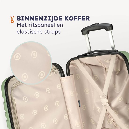 Binnenzijde van de groene koffer met ritspaneel en elastische straps. Beige voering met patroon.