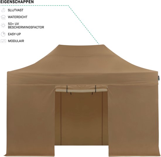 Bruine partytent met beige dakzeil, 3 gesloten zijwanden en een open voorkant. Waterdicht, 50+ UV-bescherming, easy-up.
