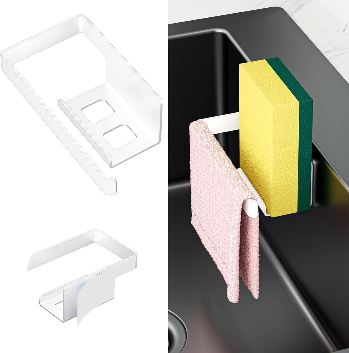 Sponge Holder Sink - Sponge Holder Keuken - Zelfklevende Sinkdoekhouder - Keukenopslag RVS 2-in-1 Doekhouder Sinkhouder Wit