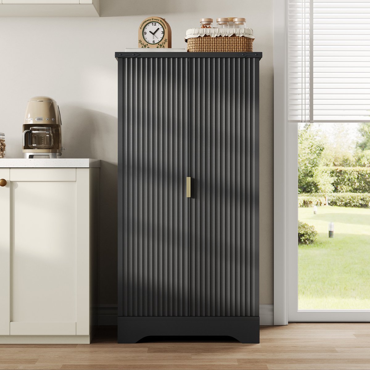 Keukenkast met led-sensorverlichting en kruidenrek – Ruime kast met dubbele deuren – Met verstelbare legplanken en een modern deurontwerp – Zwart – 120 x 60,5 x 40 cm