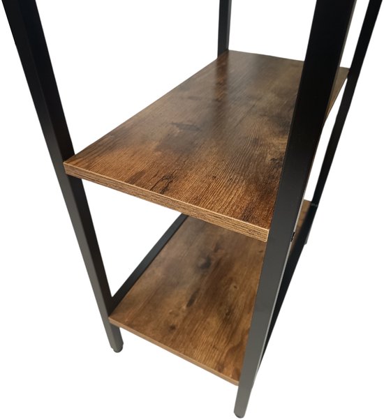 Close-up van drie open planken op een zwart metalen frame, met roodbruin houtlook.