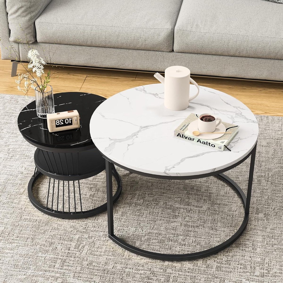 Fofetbfo Set van 2 salontafels, set van 2 ronde salontafel met marmeren fineer, salontafel