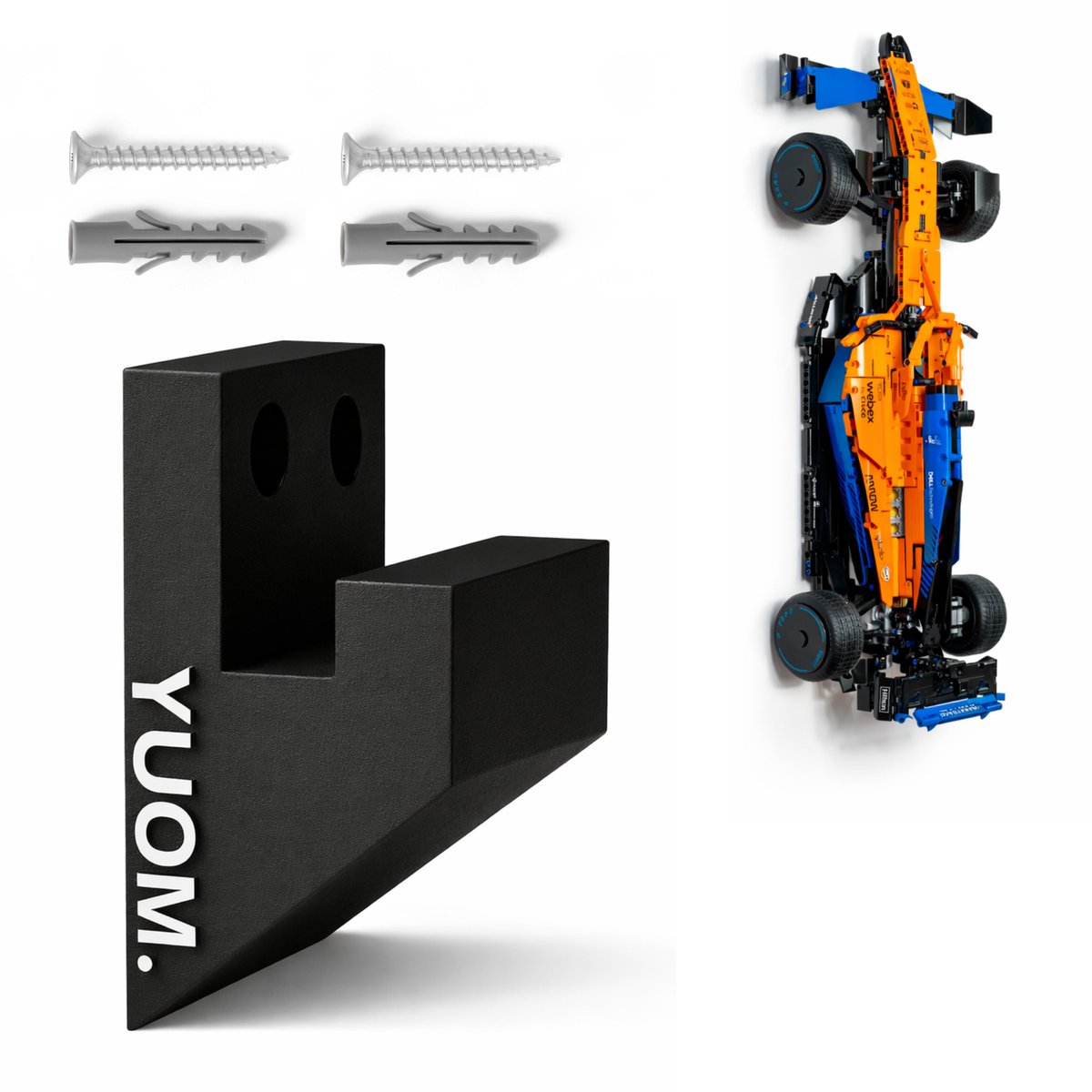 YUOM. Wandhouder geschikt voor LEGO Technic 42141 McLaren F1 Auto – Wall Mount – incl. schroeven & pluggen – Zwart