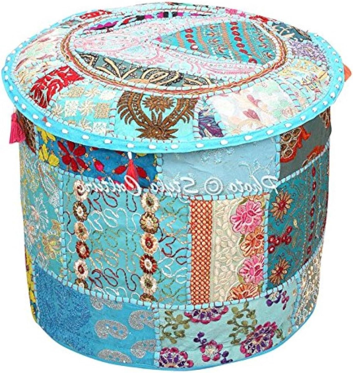 Poef en Voetenbank - Ottomaanse Poefhoes - Woonkamer Decoratie - Uniek Patchwork Ontwerp - 55 x 35 cm - Turkoois