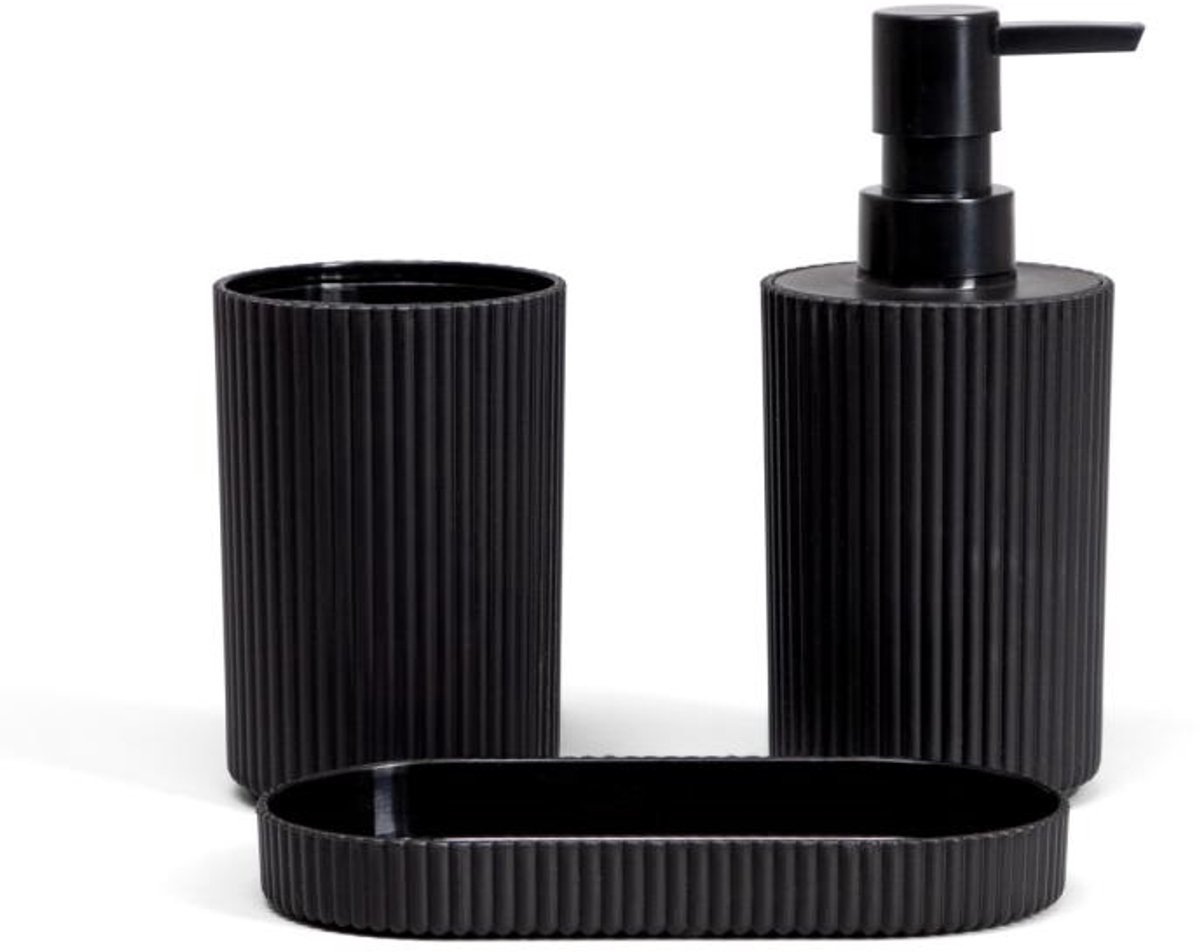 Homla - Leon Badkameraccessoiresset - Badkamer Set Modern Design - Badkamer Set - Badkamer Accessoires - Zeepdispenser, Zeepbakje en Tandenborstelhouder - Kunststof - 27 x 8 x 8 cm - Zwart