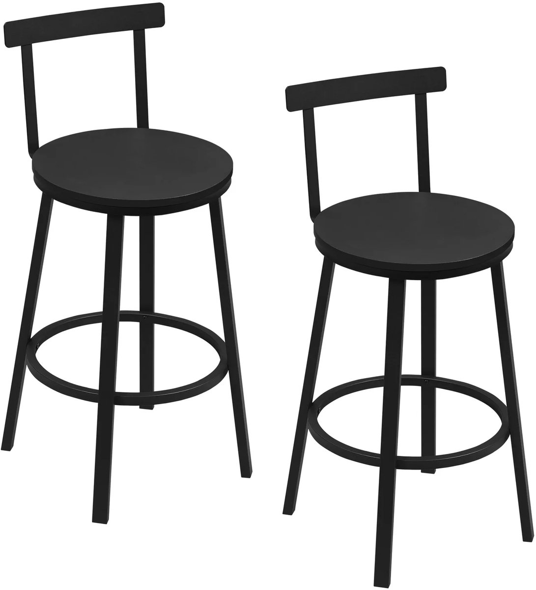 BukkitBow - Set van 2 Industriële Barkrukken - Houten Zitting - Met Rugleuning & Voetsteun - Stalen Frame - Keuken & Eetkamer - Zwart