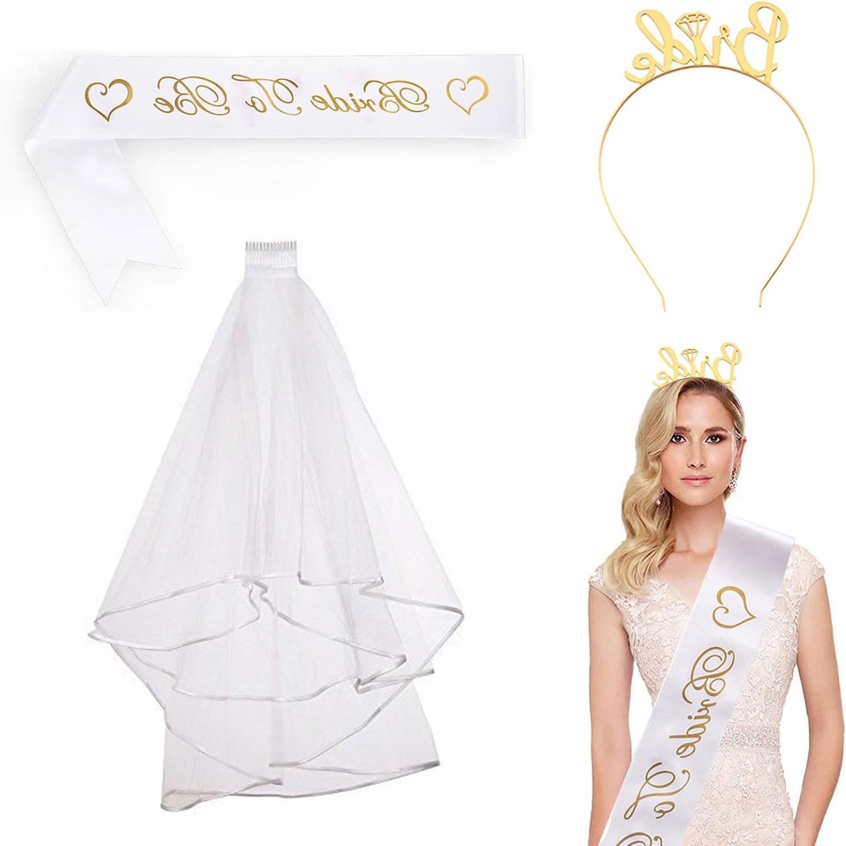 Feestelijke Sjerp en Sluiertje voor de Bruid, Perfecte Accessoires voor Bachelorette Party en Huwelijksfotografie, Goudkleurig