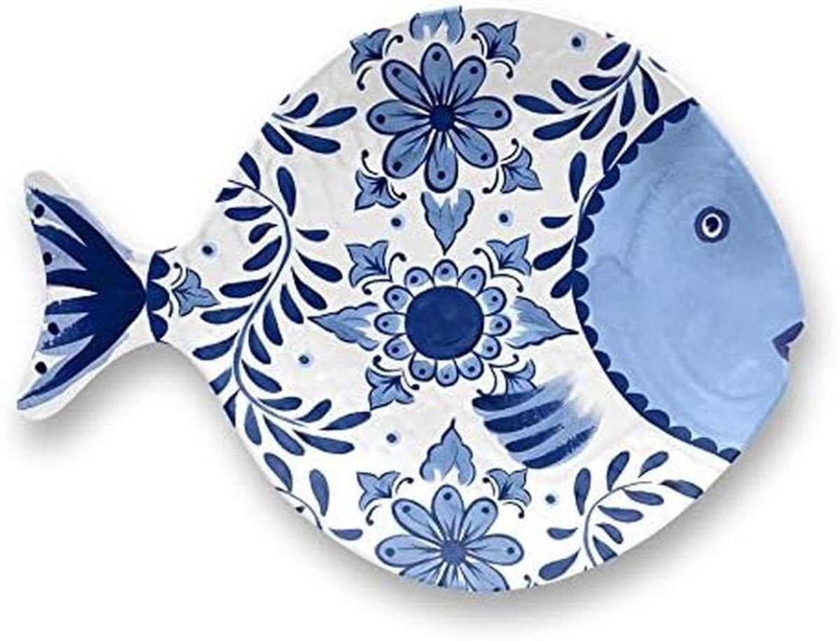 Serveerschaal Vis - Dienblad Melamine - Vis Serveren - 100% Melamine - Rond - Wit Blauw
