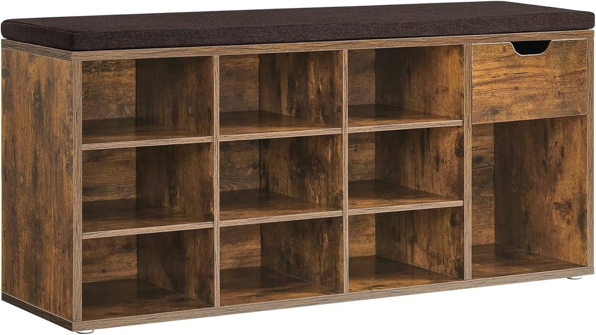 FurnStar Schoenenbank – Schoenenrek met Lade & Open Vakken – Zitbank met Gevoerde Zitting – 30 x 104 x 48 cm – Voor Hal, Slaapkamer & Entree – Vintage Bruin