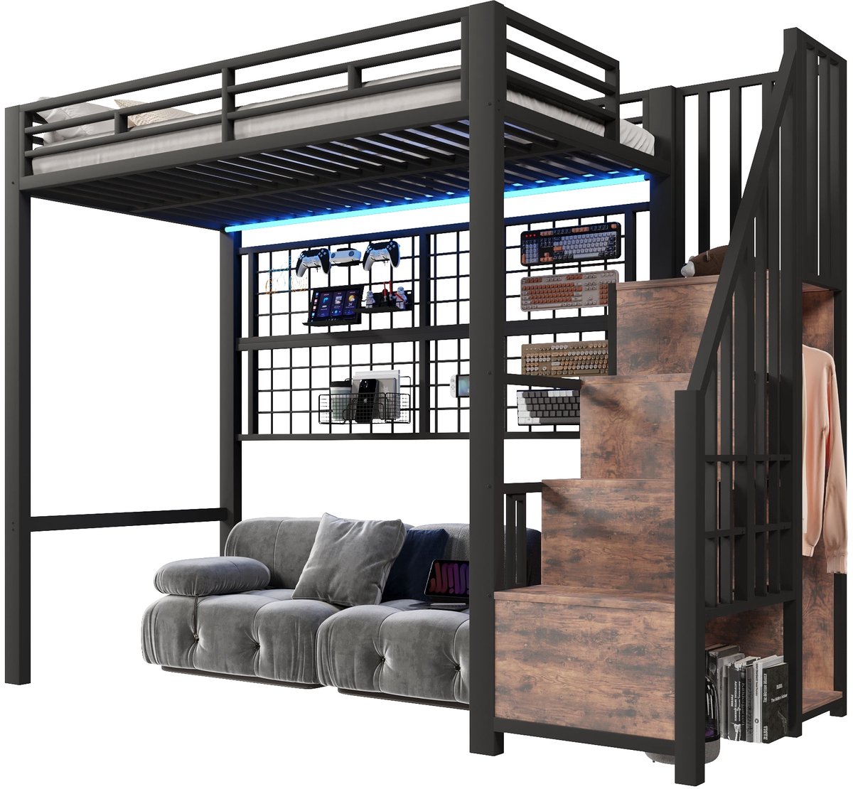 Merax Hoogslaper 90x200 Cm - Metalen Kinderbed - Bed Met Kast - Bed Met Opbergruimte - Opbergtrap - Hangrek - LED Verlichting - Zwart