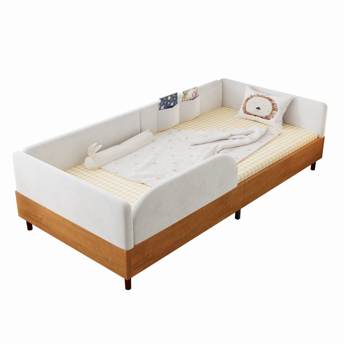 Merax Gestoffeerd Bed 90x200 Cm - Eenpersoonsbed Voor Kinderen - Fluweel En Hout - Met 2 Opbergvakken - Met Houten Lattenbodem - Wit