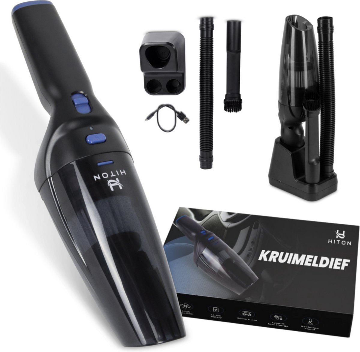 Bol.com Hiton Kruimeldief snoerloos - Handstofzuiger - Auto stofzuiger - Kruimelzuiger - Oplaadstation - Zwart - 3 opzetstukken aanbieding