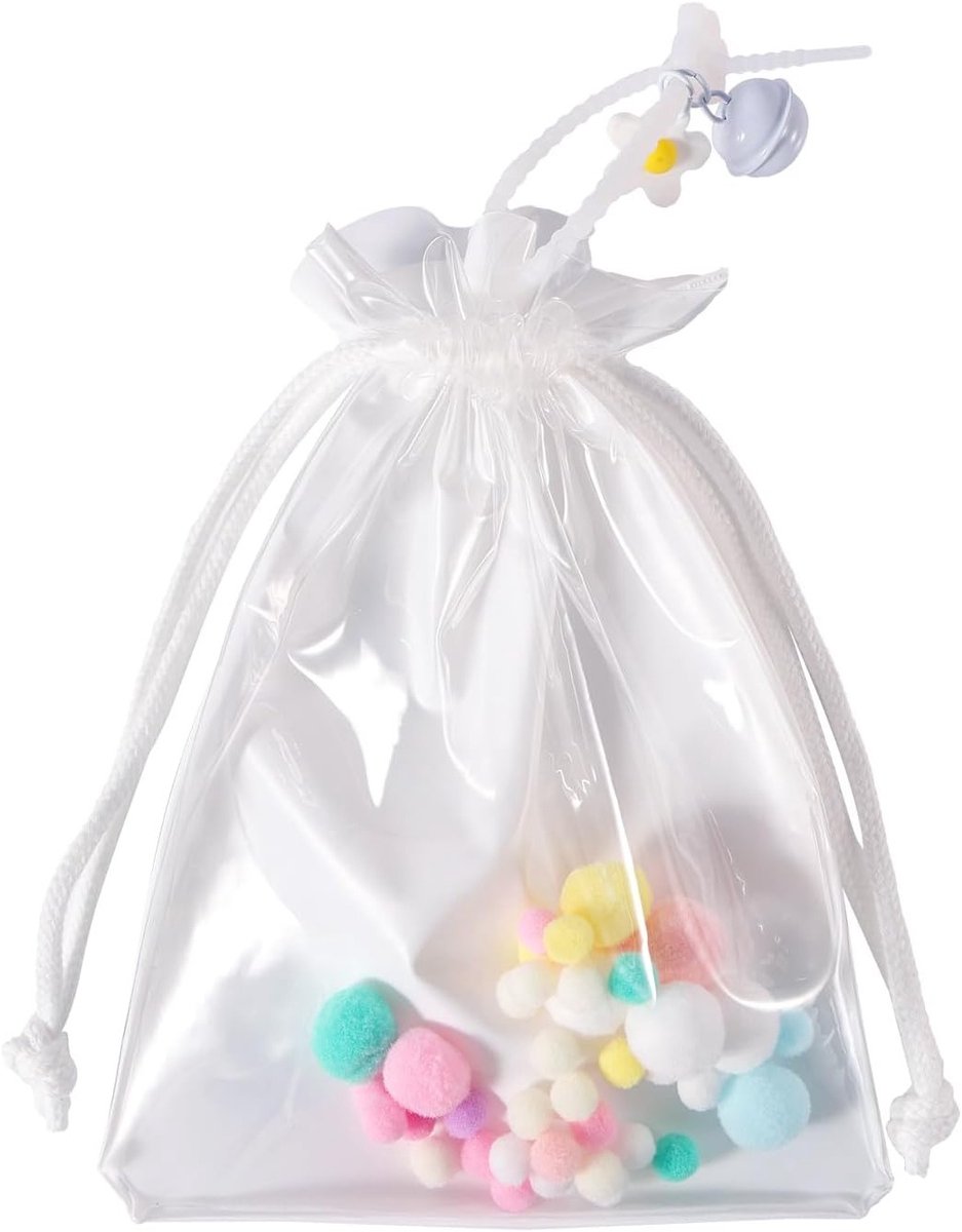 Duidelijke Poppen Tas, Draagbare Beschermhoes met Pompons en Bloemige Koord Organizer met Trekkoord voor Verzamelobjecten, Figuren en Pluche Poppen, Groot, Modern en Functioneel