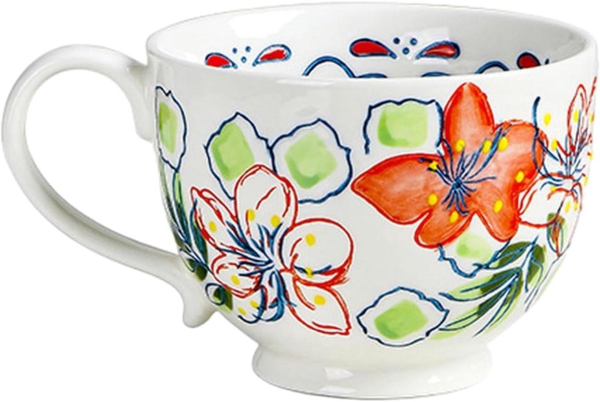 Keramische Mok - Koffie Cup - Ontbijt Drinken - Handgeschilderd Reliëf - 500ml - Wit