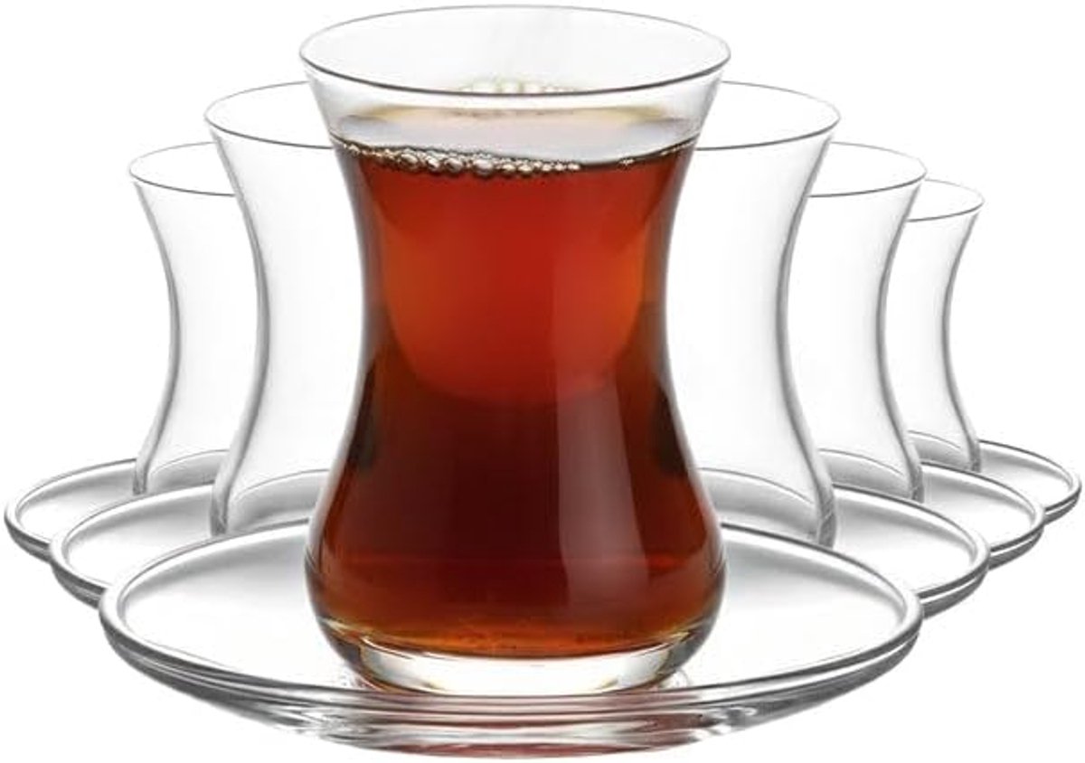Turkse Theeglazen Set – 12-delig (6 Glazen + 6 Schotels) – 135 ml – Traditioneel Design – Nordic Schiller