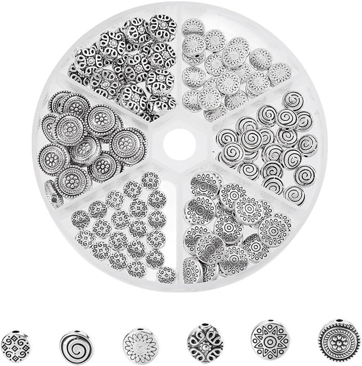 120 Stuks Antieke Zilveren Tibetaanse Legering Platte Ronde Spacer Kralen voor Armband en Ketting Maken - Ster, Spiraal, Bloem, Diamant