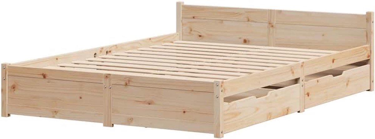 Bedframe met lades - Tweepersoonsbed Bedombouw - Opbergen en slapen - Massief grenenhout - 135x190 cm - Naturel