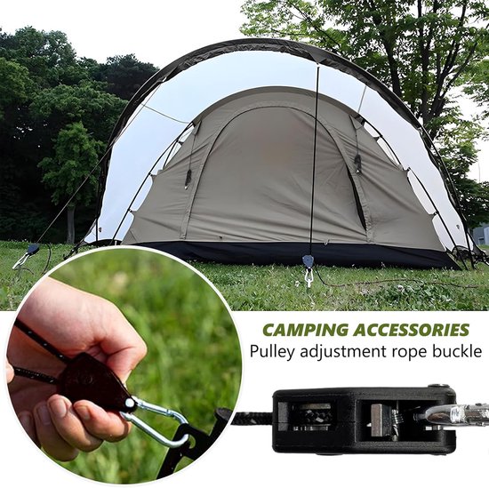 Reflective Tent Guy Ropes - 4pcs - 4mm Ratchet Ropes met Rope Tensioner - 4m Heavy Duty Verstelbare Reflectieve Tent Touw voor Camping - Hiking - Awning - Zwart — afbeelding 3