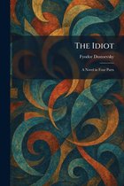 Boekomslag 'The Idiot' van Fyodor Dostoevsky, met abstracte patronen in blauw, oranje en goud.