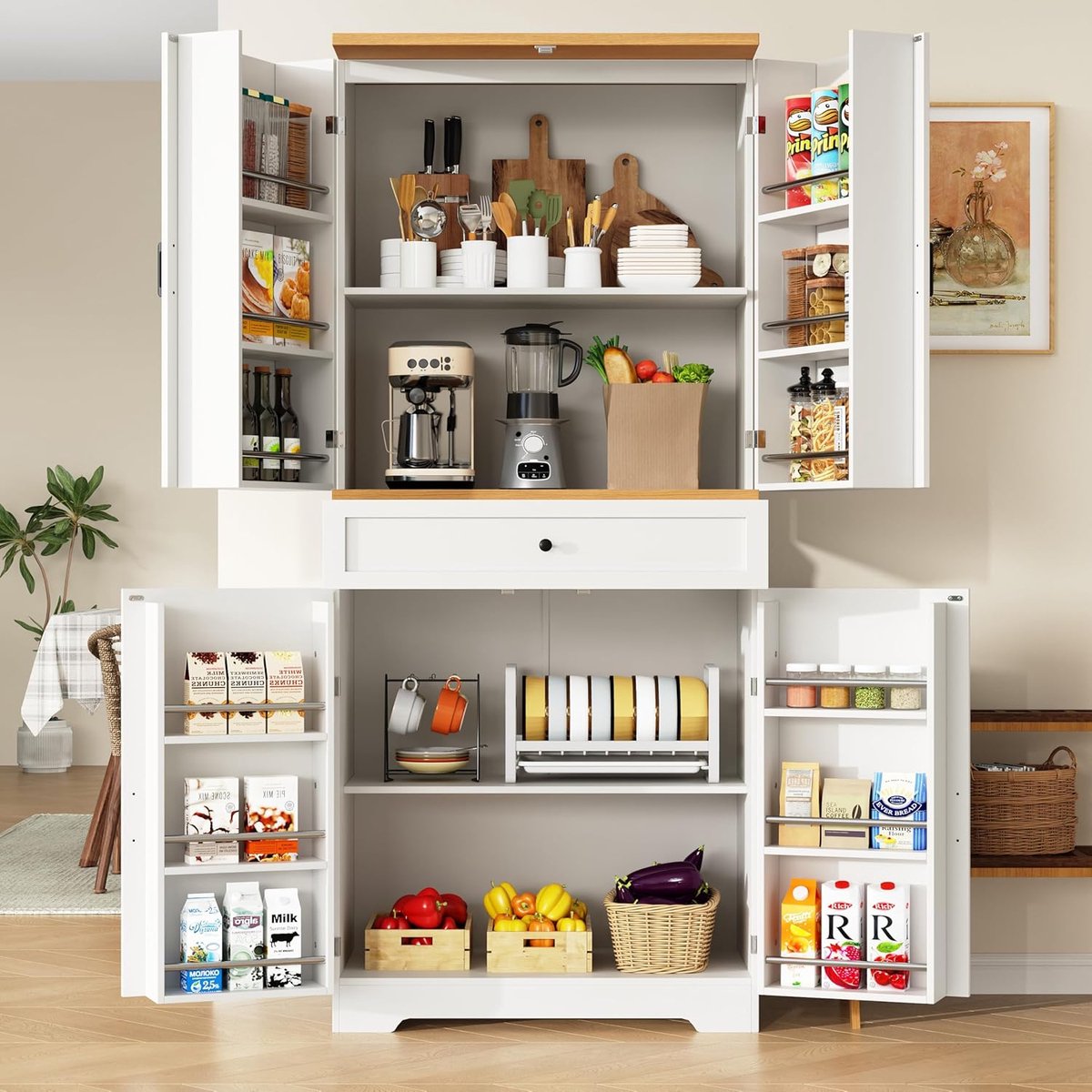 Moderne Voorraadkast met Open Vakken en Extra Grote Laden – Multifunctionele Hoge Keukenkast met Anti-Kantelsysteem – 80x40x180 cm – Wit