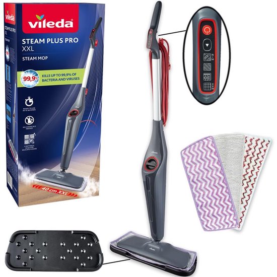 Nettoyeur vapeur Vileda Steam Plus Pro XXL avec emballage, nettoyeur, lingettes et accessoires.