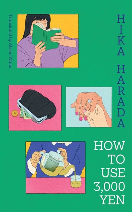 Couverture de livre avec trois illustrations : une femme lisant, un portefeuille avec de l'argent, et quelqu'un versant du thé. Titre : HOW TO USE 3,000 YEN.