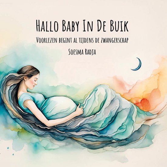 Illustratie van een zwangere vrouw in een blauwe jurk, liggend in een veelkleurige, wervelende stof. "HALLO BABY IN DE BUIK".