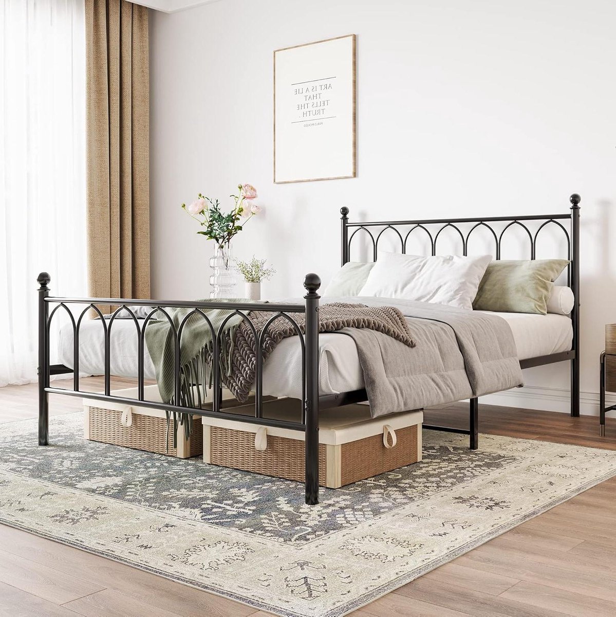 Metalen Bedframe - Bedonderstel Metalen Basis - Slaapkamer Inrichten - Hoofd- en Voeteneinde - 135 x 190 cm - Zwart