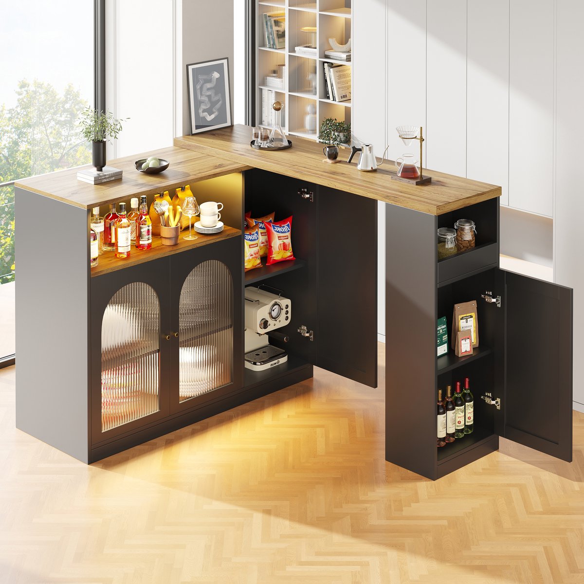 MODENUIT Bartafel - 360° Draaibaar Met Opbergruimte En Ledverlichting - Voor Keuken - MDF Zwart - 108-197 Cm