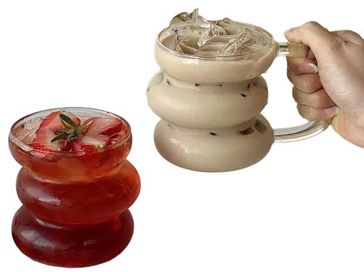 Wavy Bubbelglazen met Oortje - Set van 6 - 450ml - Moderne Design Drinkglazen voor Koffie, Sap & Cocktails