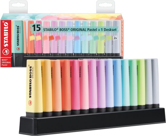 Een doos met 15 STABILO BOSS ORIGINAL Pastel markers boven een deskset met de markers in pastelkleuren.