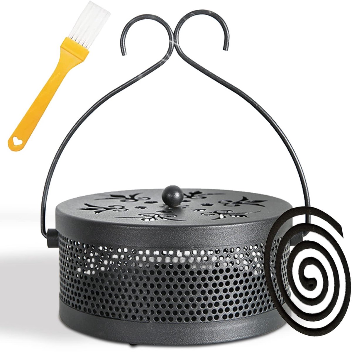 Store_7 - Mosquito Coil houder - muggenspiraalhouder - retro ronde houder - zwart - wierookstokjeshouder - voor binnen en buiten - C