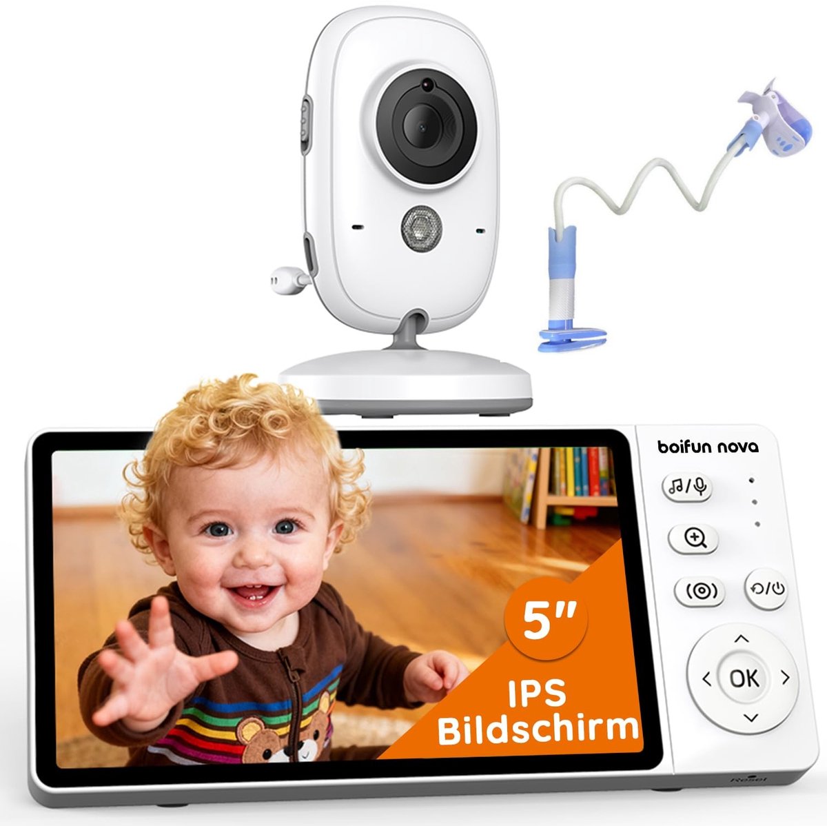 BOIFUN Babyfoon met Camera - Baby Monitor met VOX - Nachtzicht - Babyphone met Temperatuurweergave - HD Beeldkwaliteit - Geluidsdetectie - Tweeweg Communicatie - Uitbreidbaar tot 4 camera's - Inclusief Flexibele Houders