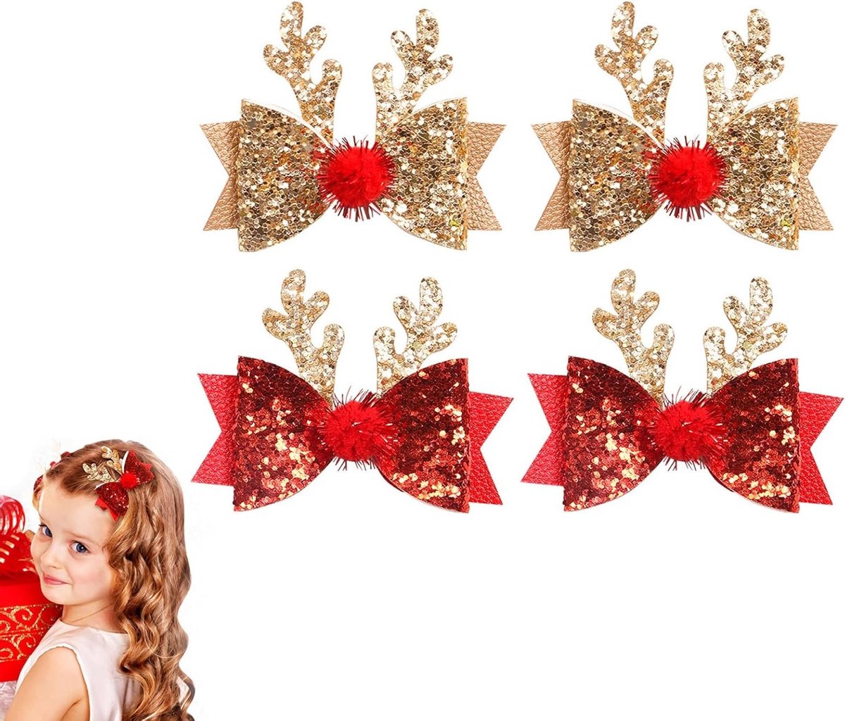 Elegante Haarspelden Set van 4 Stuks met Rode en Gouden Strik, Perfecte Haaraccessoires voor Feestdagen, Verjaardagen en Dineruitnodigingen, Geweldig Kerstcadeau voor Kinderen en Volwassenen