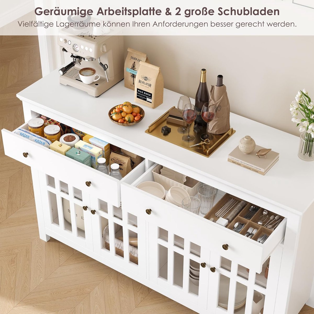 Dressoir Kast 140x40x91 cm met 4 Glazen Deuren en 2 Laden – Buffetkast met Werkblad en Verstelbare Planken, Moderne Opbergkast voor Woonkamer & Keuken Wit – Urbanhome