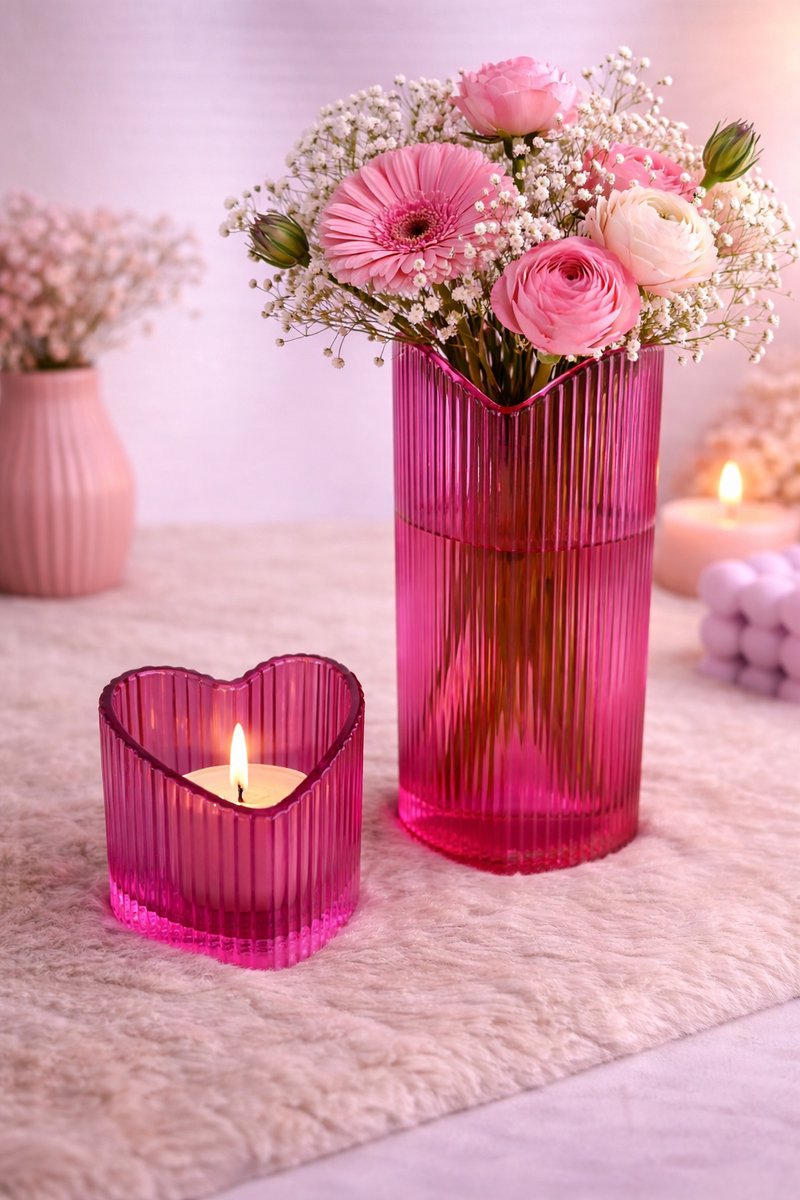 Set Vaas & Waxinelichthouder – Romantic Pink Vibes | Viva Femme | Vaas | Waxinelichthouder | 2-delig | Decoratie | Cadeau | Wonen | Bloemen | Lente | Moederdag