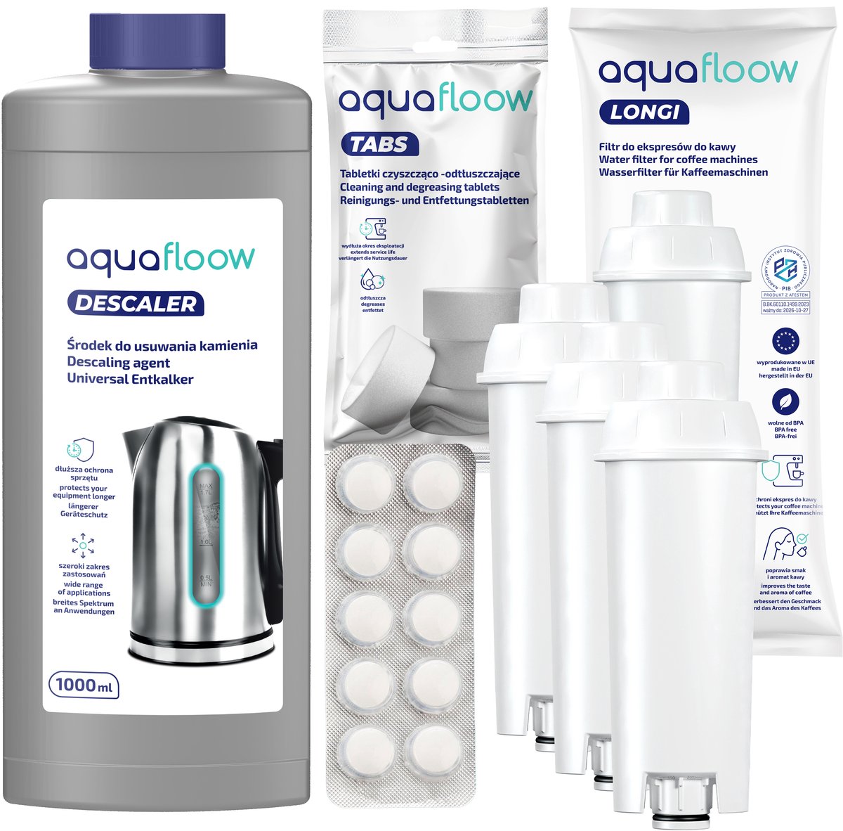 AquaFloow verzorgingsset voor volautomatische koffiemachines en espressomachines kompatibel mit DLS C002, SER3017, 5513292811