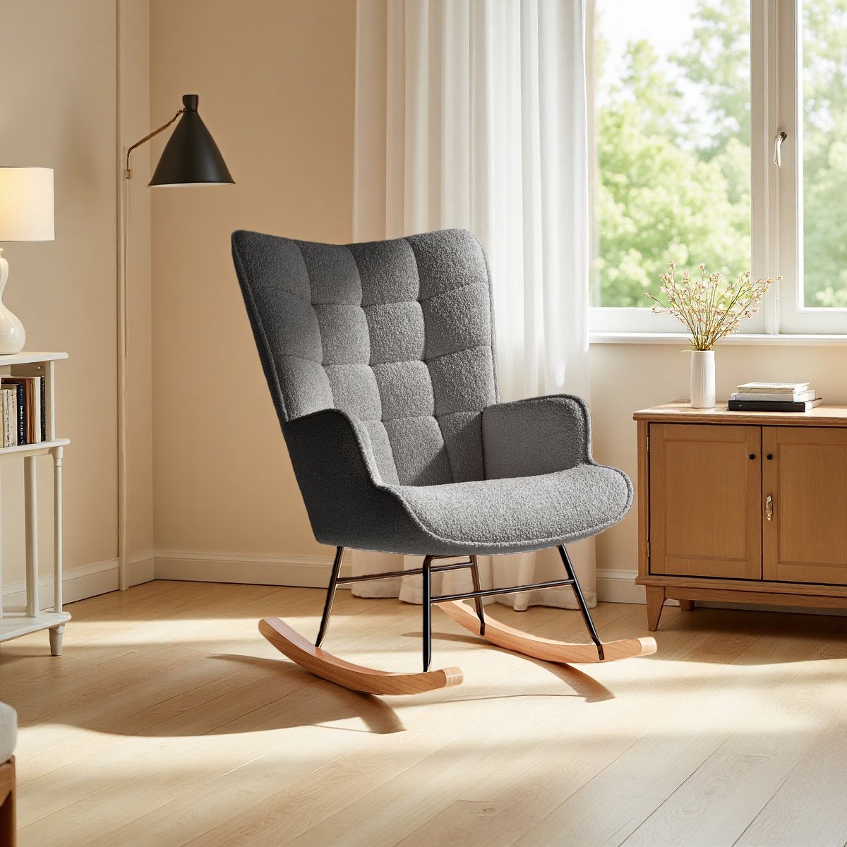 ROSAHQNDA Schommelstoel - Schommelstoelen babykamer - Relaxstoel - Fauteuil - Voedingsstoel - Teddy Fleece - Roomwit - Donkergrijs