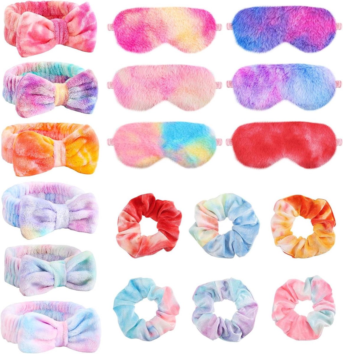 Slaapfeest Set - Logeerpartij Accessoires - Feestversiering - Zacht Pluche Materiaal - 6x Oogmasker 6x Hoofdband 6x Scrunchie - Gekleurd