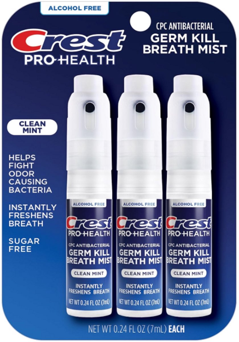 Crest Pro-Health Adem Spray 3x 7ml (0.24oz) Voordeelpack– Alcoholvrij Mondspray – Instant Frisse Adem – Clean Mint Smaak – Compact & Reisvriendelijk