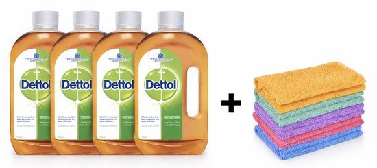 Vier flessen Dettol allesreiniger naast een stapel van zes gekleurde microvezeldoekjes: oranje, geel, groen, paars en blauw.