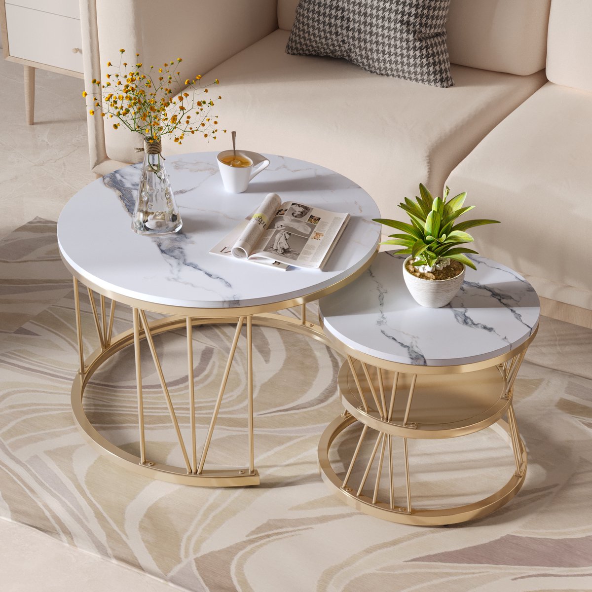 Salontafel (set van 2) ronde bijzettafel set metalen frame woonkamer balkon kantoor, goud, groot: 70 x 70 x 45 cm; klein: 45 x 45 x 40 cm