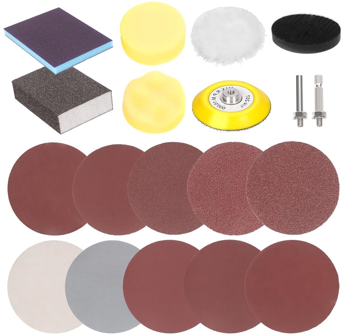 109-delige schuurdiscs van 7 cm met 80-5000 korrel voor nat en droog schuren, inclusief backing plate en zachte schuimbuffer pads