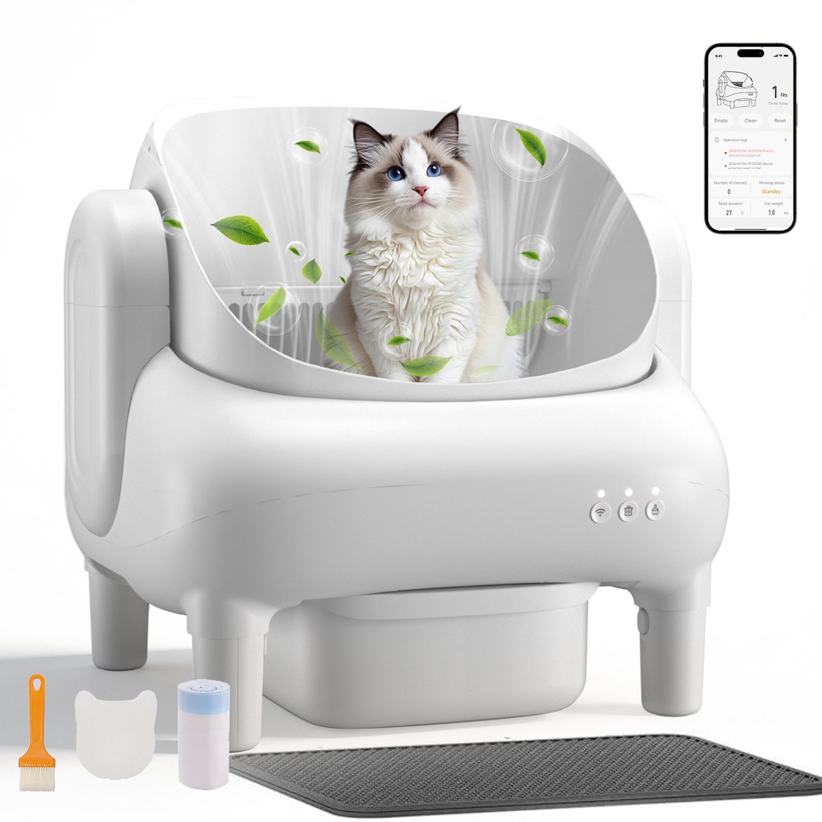 GTPLAYER - Automatische Kattenbak Zelfreinigend - Open Design & App Bediening - Wit
