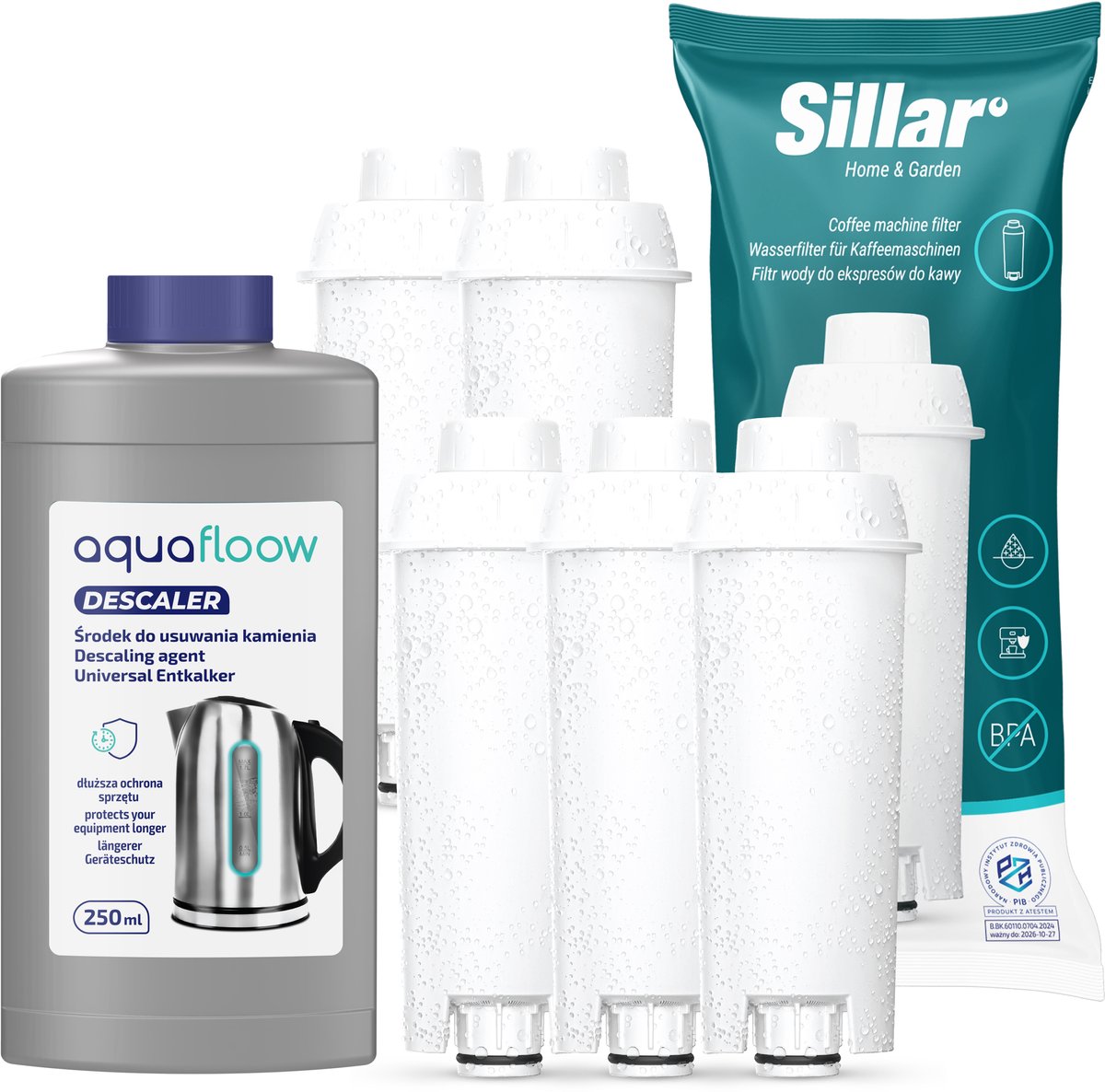 Sillar 5x waterfilters voor koffiezetapparaat Delonghi DLSC002, SER3017 & 5513292811, compatibel met ECAM, ESAM, ETAM Series + 1x ontkalker, 250ml, Aquafloow, set voor koffiezetapparaat