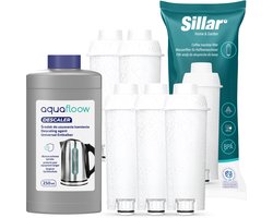 Sillar 5x waterfilters voor koffiezetapparaat Delonghi DLSC002, SER3017 & 5513292811, compatibel met ECAM, ESAM, ETAM Series + 1x ontkalker, 250ml, Aquafloow, set voor koffiezetapparaat
