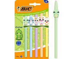 BIC Cristal Pastel Vibbies Balpennen – Blauw Medium (1.0 mm) – Schattige Kawaii Dieren (Koe, Eenhoorn, Hagedis, Dolfijn, Kip) – Set van 5
