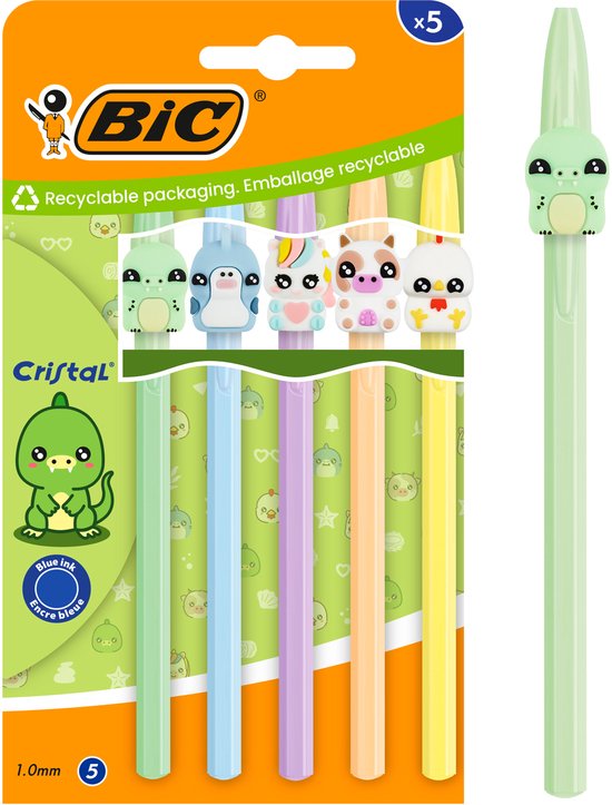 BIC Cristal Pastel Figurines Balpennen – Blauw Medium (1.0 mm) – Kawaii Dieren (Koe, Eenhoorn, Hagedis, Dolfijn, Kip) – Set van 5