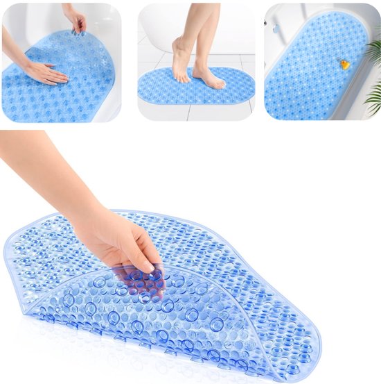 Badkamermat – Antislipmat – Douchemat – Badmat – Voetenmat – Ovale badkamermat – Met zuignappen – Meerdere afwateringsgaten – Geschikt voor alle leeftijden – Voor toiletten, douches, badkuipen (39 x 69 cm – Blauw)
