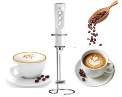 KZQ Witte Melkopschuimer Draadloze 3-in-1 Elektrische Klopper met Oplaadstation USB-C 3 Snelheden & 3 Roestvrijstalen Gardes voor Cappuccino Latte Eiwit Koffie Keukenmixer